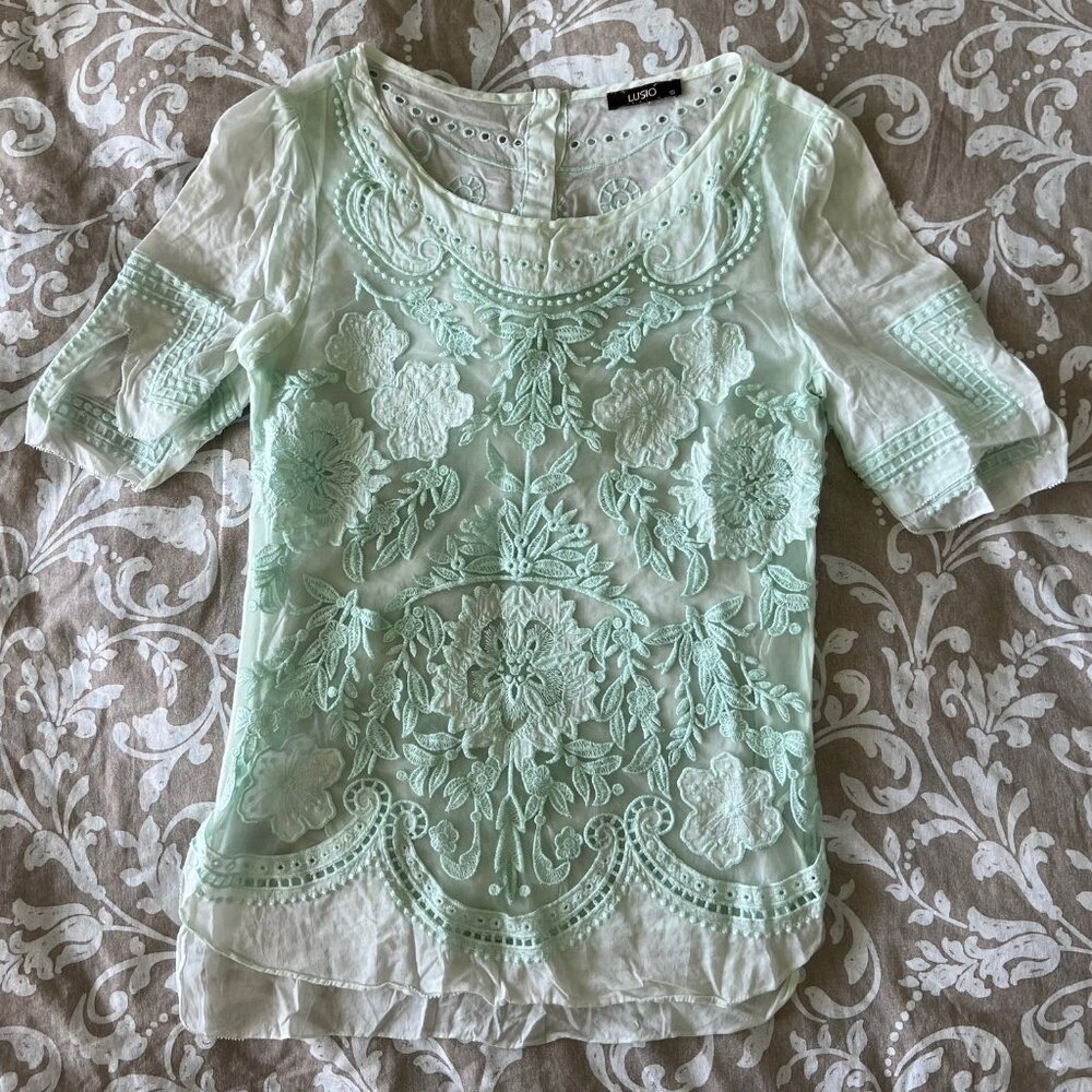 Lusio Loft Short Sleeve Lace Top Mint Green Size S